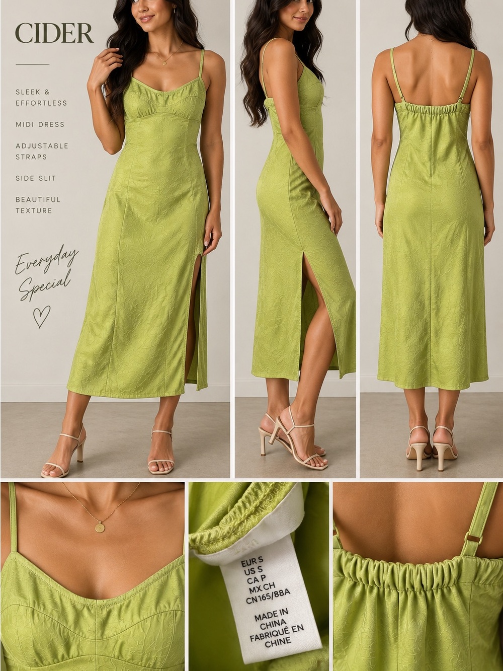 Chartreuse Green Satin Slip Midi Dress Size S | Cutout Back Side Slit